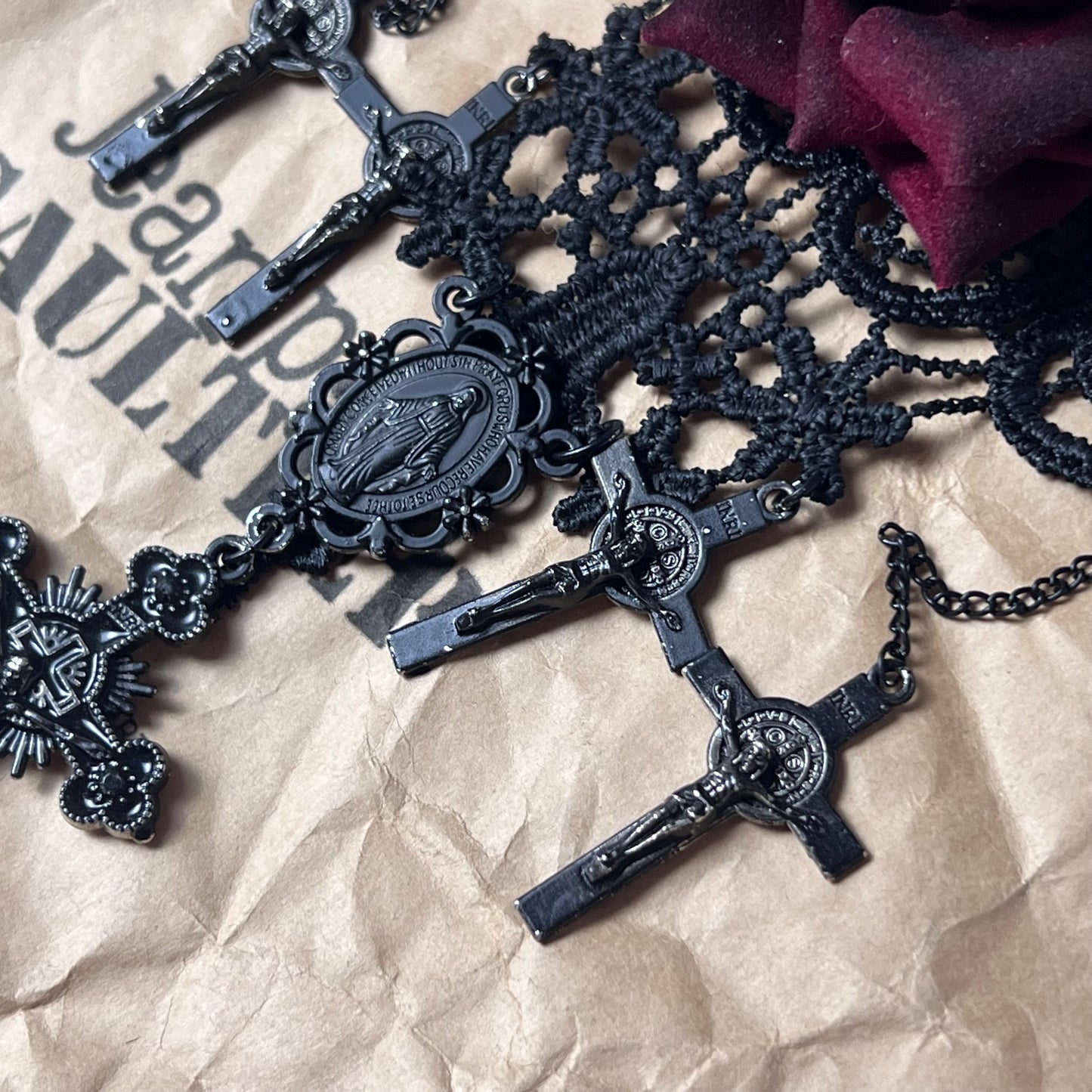 Jean Paul Gaultier 90’s 1/1 Staff Sample Crucifix Lace Necklace